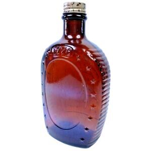 Vintage Log Cabin Syrup Bottle 1776 Liberty Bell Amber Glass w Lid Empty